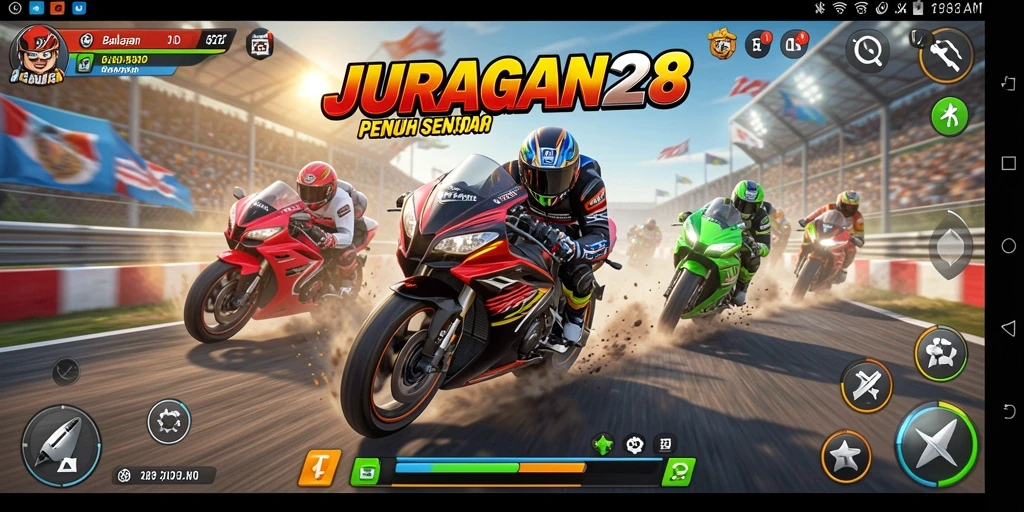 Screenshot JURAGAN28 memperlihatkan intensitas balapan motor yang mendebarkan.