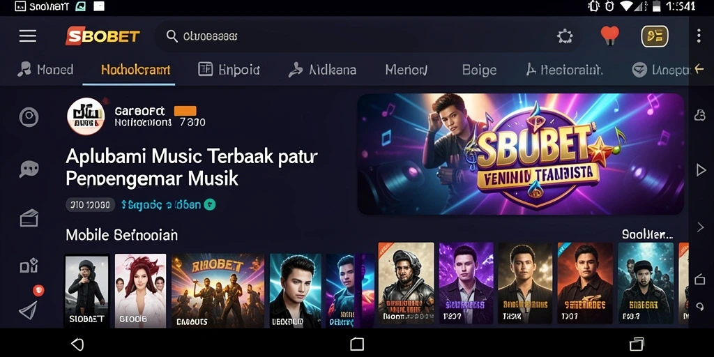 Screenshot utama SBOBET menampilkan antarmuka pengguna yang menarik dengan berbagai genre musik.