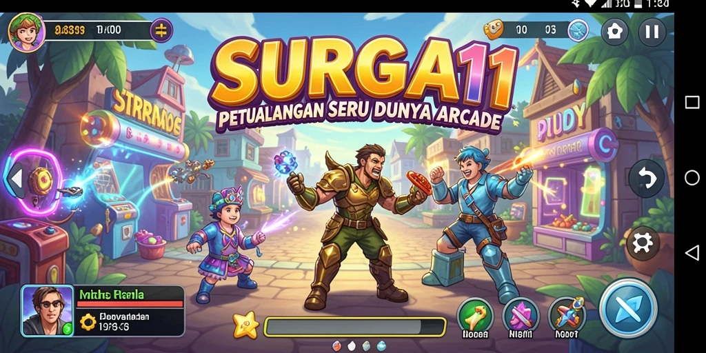 Screenshot utama SURGA11 menampilkan aksi seru dalam gameplay Arcade.