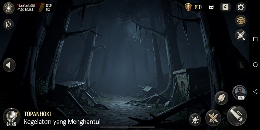 Tangkapan layar mendebarkan dari gameplay TOPANHOKI yang menampilkan suasana horor.